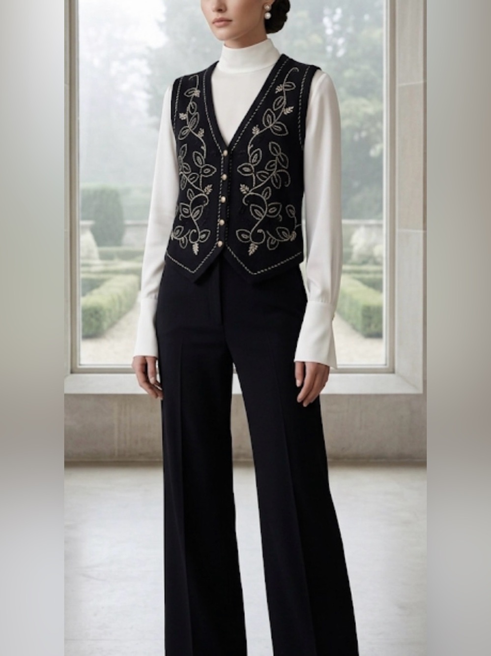 Yar works L Black Embroidered Vest with Leaf Design boho formal goth western